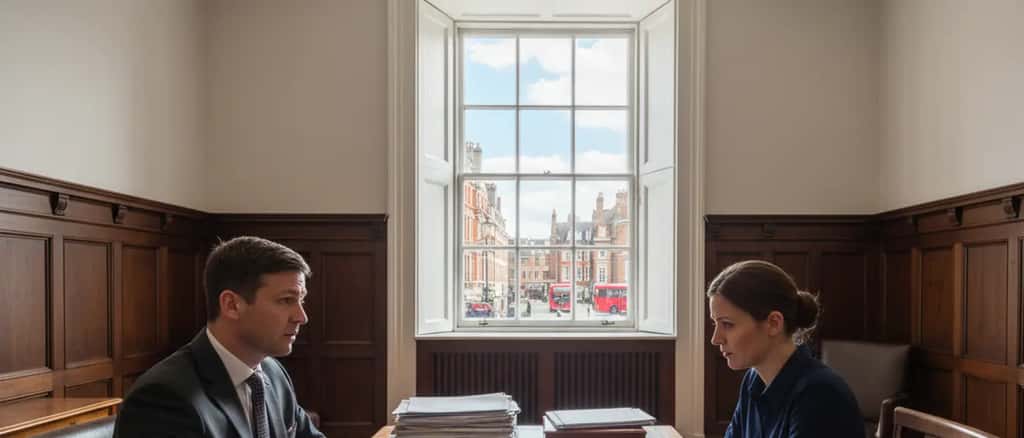 British solicitor consulting with a client in a law office about police search rights