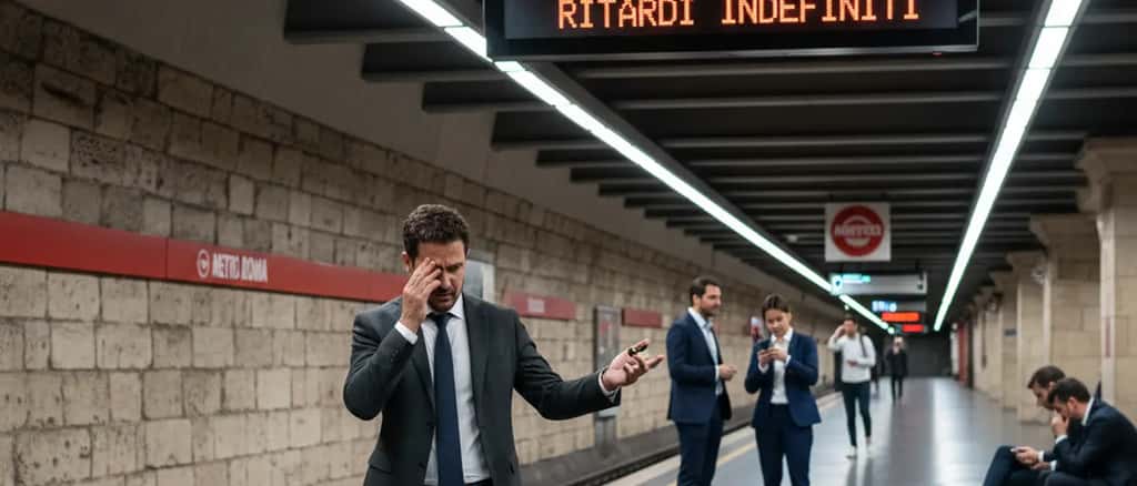 Pendolare italiano in abito che controlla il telefono in una stazione della metropolitana di Roma con display che mostra interruzione del servizio