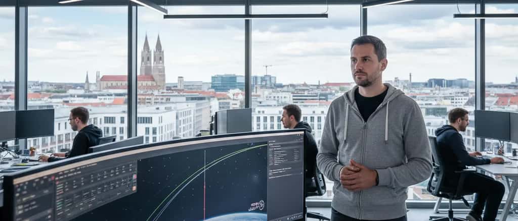 Softwareentwickler in einem Münchner Raumfahrt-Startup analysiert Raketentrajektorie auf einem großen Monitor