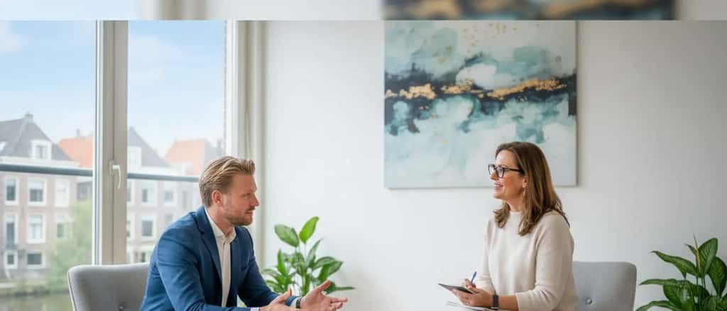 Een Nederlandse professional in gesprek met een psycholoog in een lichte therapiekamer
