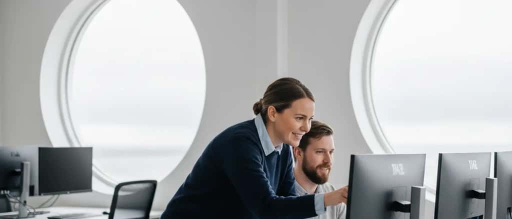IT technician helping a colleague at a workstation in a modern Reykjavík office