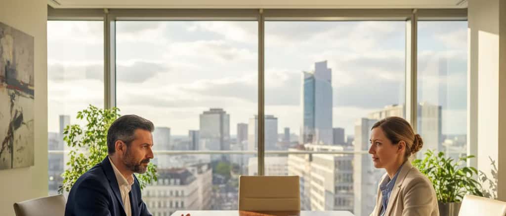 Conseiller en gestion de fortune discutant patrimoine avec un client dans un bureau moderne à Lyon