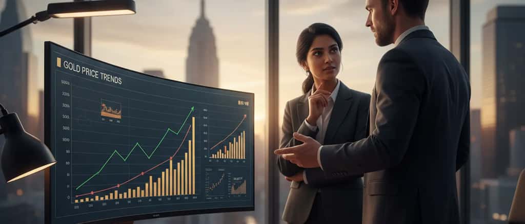 Gold bars and coins on a financial advisor desk with gold price charts on a monitor