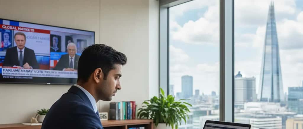British solicitor reviewing media law documents in a London office with news playing in the background
