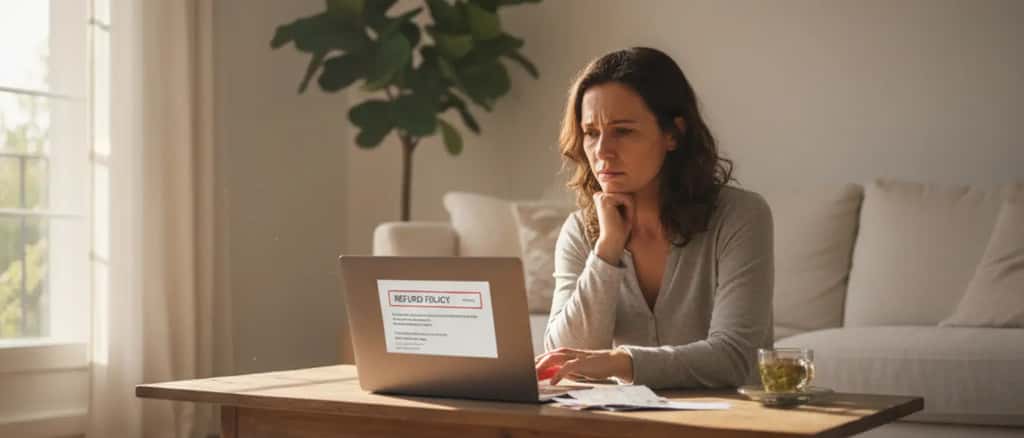 Femme regardant ses billets de concert sur un ordinateur portable, inquiète d'une annulation éventuelle