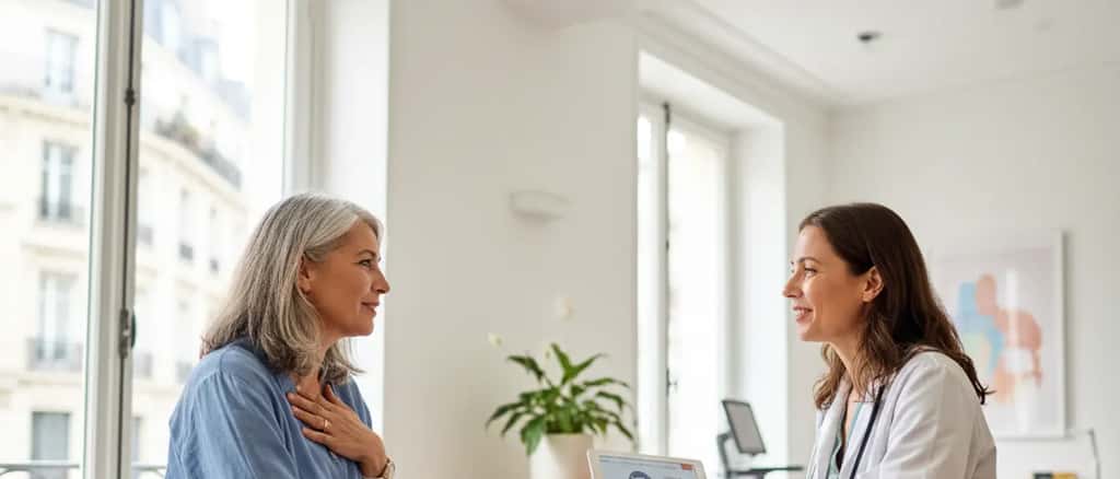Femme française discutant du dépistage mammographique avec son médecin dans une clinique moderne