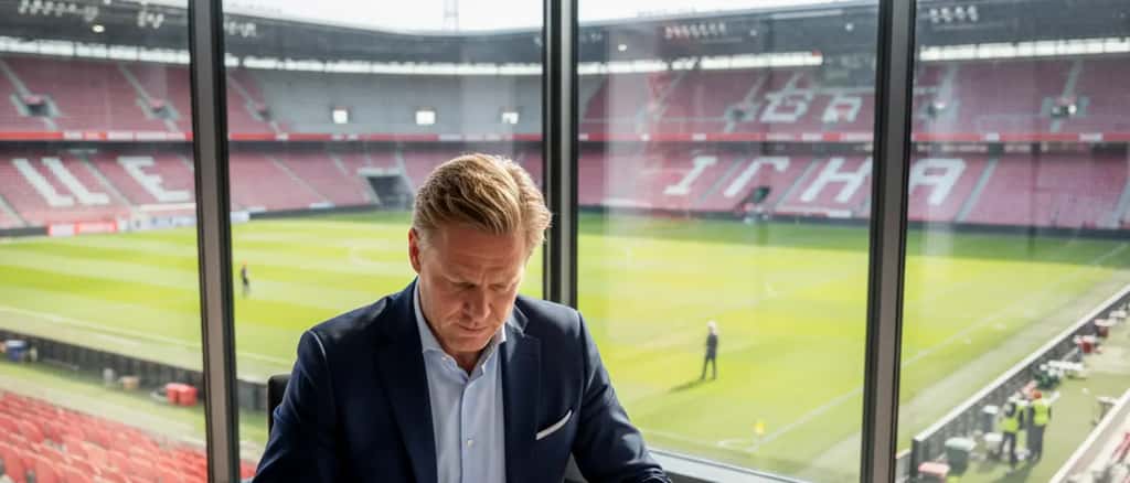 Nederlandse sportadvocaat bekijkt voetbalcontract aan bureau met stadion op achtergrond