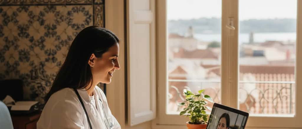 Médico português em consulta por videochamada com paciente em clínica moderna