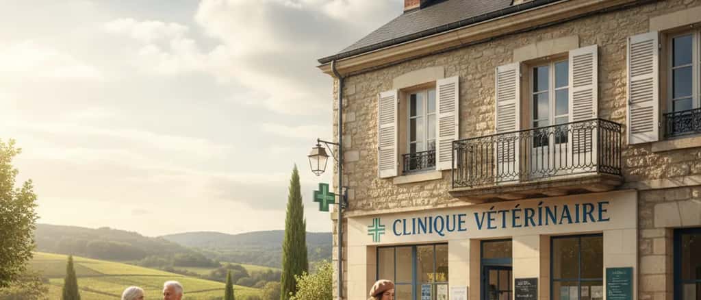 Mulher portuguesa com cão ao colo numa sala de espera de clínica veterinária moderna