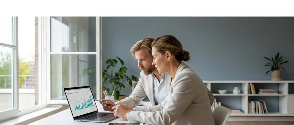 Nederlands stel dat financiële grafieken bekijkt op laptop met valutakoersen