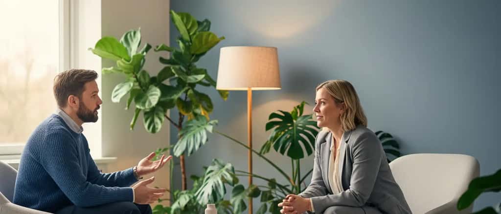 Norsk psykolog i moderne terapirom lytter oppmerksomt til pasient i rolig og profesjonell atmosfære