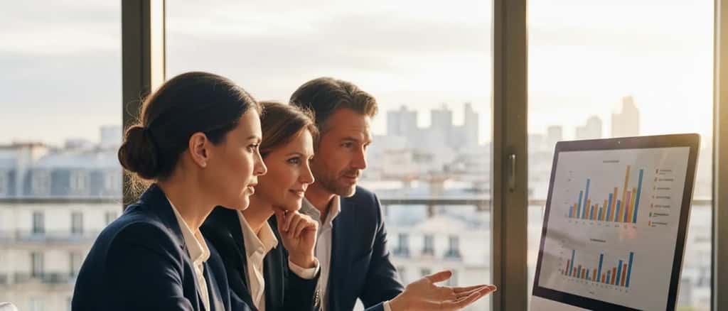 Conseiller en gestion de patrimoine présentant une stratégie d'investissement en or à un couple dans un bureau professionnel