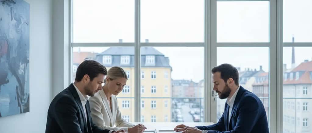 Dansk par gennemgår finansielle dokumenter med professionel rådgiver i moderne lejlighed