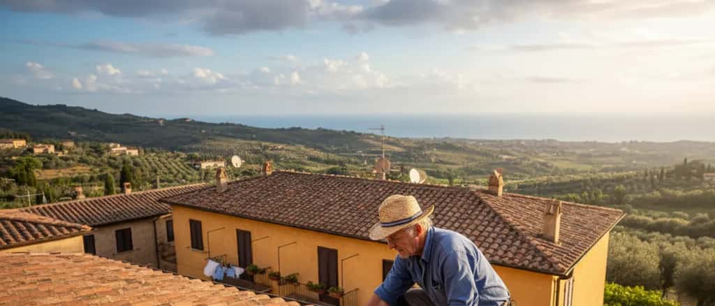 Artigiano edile italiano che ispeziona un tetto danneggiato dal maltempo