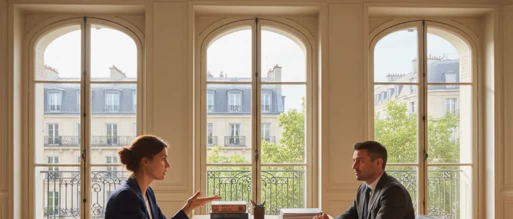 Femme consultant un avocat après une agression dans un bureau parisien