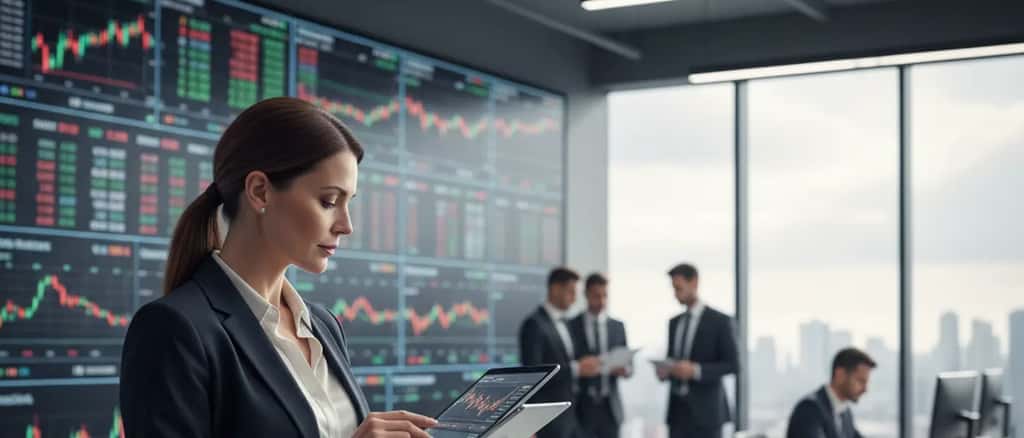 Professionista italiana che esamina grafici finanziari su tablet in ufficio moderno