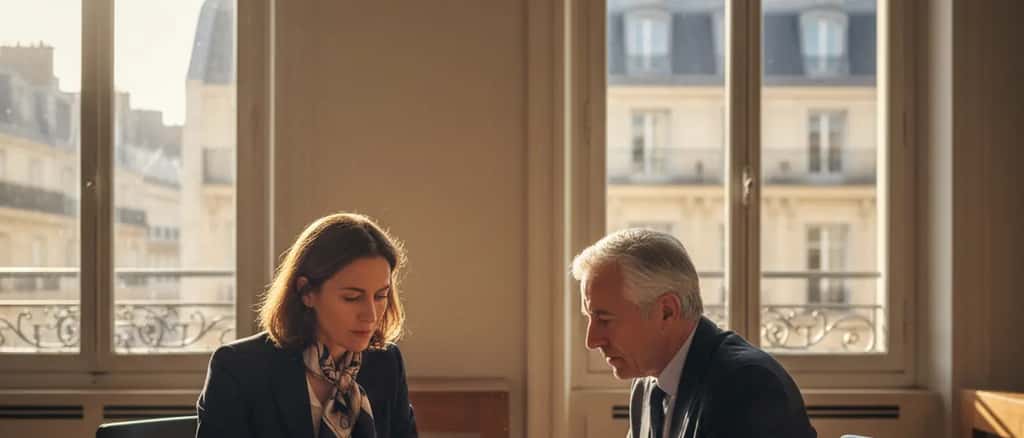 Notaire et client examinant des documents de succession numérique sur une tablette dans un bureau parisien