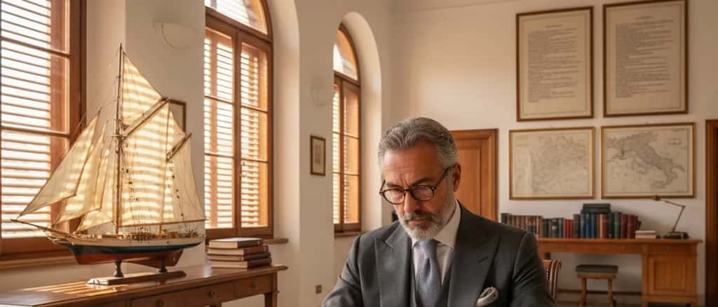 Avvocato italiano a Palermo che esamina documenti di diritto marittimo, modellino di barca a vela sullo scaffale, codici legali alle spalle