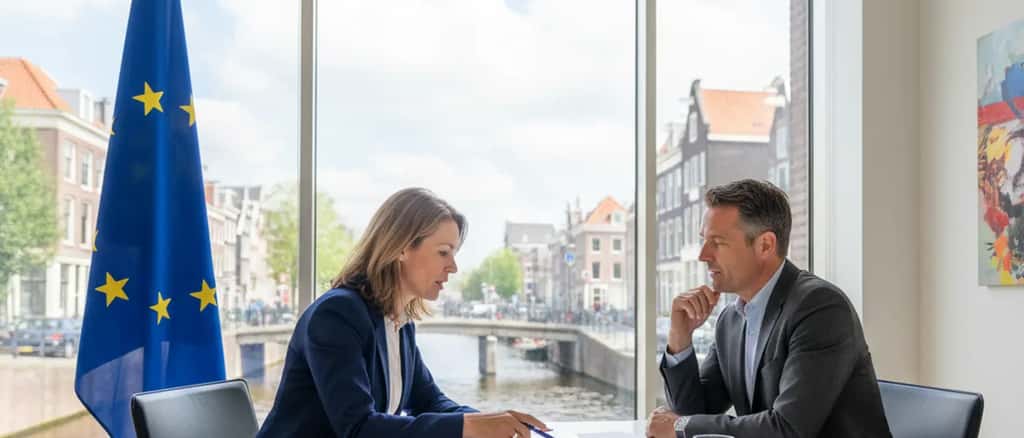 Nederlandse advocaat in modern kantoor met Europese vlag bespreekt internationaal recht met cliënt