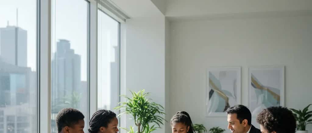 Diverse Canadian family reviewing immigration documents with a lawyer in a professional office