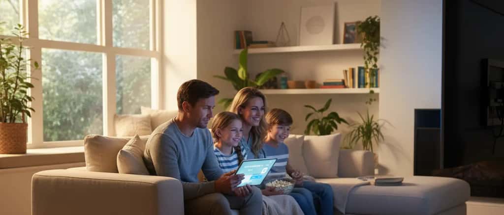 British family reviewing parental controls on a streaming device in their living room