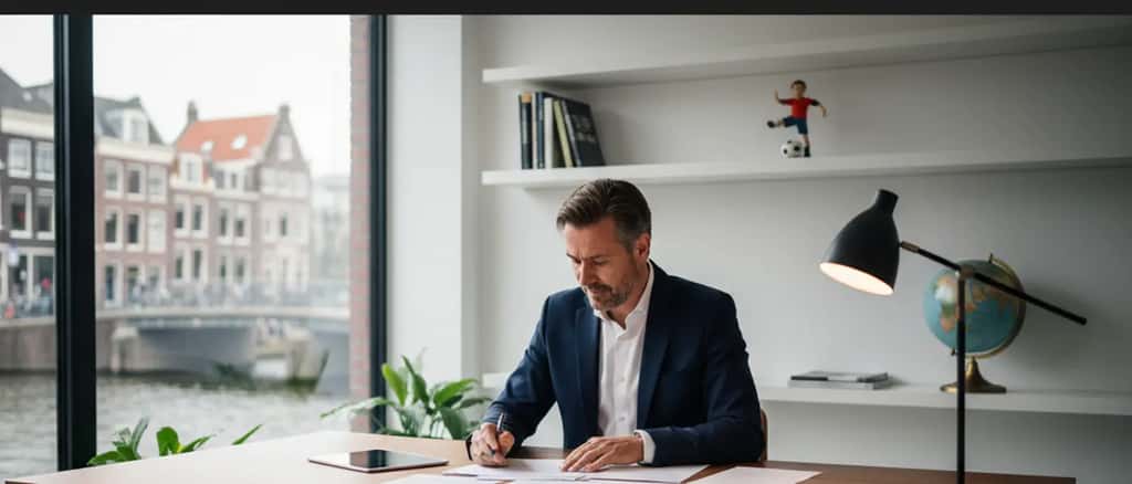 Nederlandse financieel adviseur aan bureau met investeringsdocumenten, voetbalbeeldje zichtbaar op boekenplank