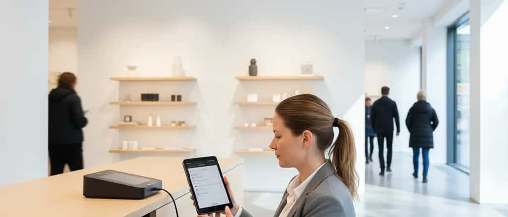 IT-tekniker konfigurerar betalningsterminaler vid kassan i skandinavisk butik