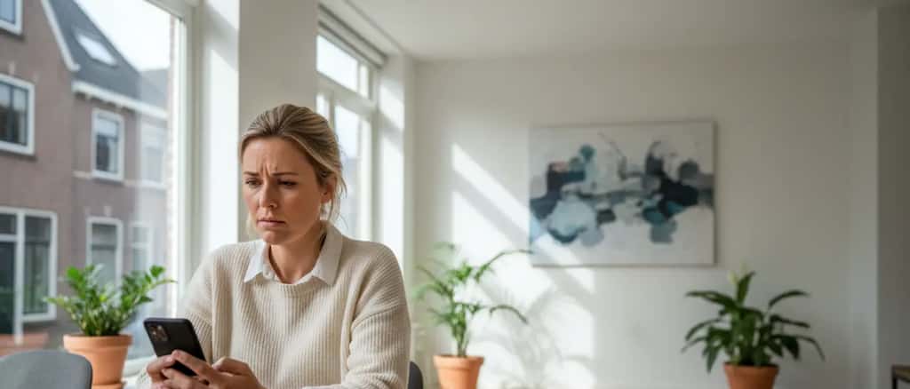 Nederlandse vrouw kijkt bezorgd naar haar smartphone aan keukentafel, symbool voor stress door online intimidatie en bedreigingen
