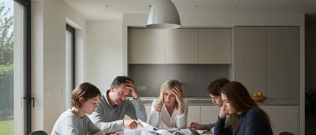 Famille française examinant des documents d'assurance à la table de cuisine, expressions préoccupées