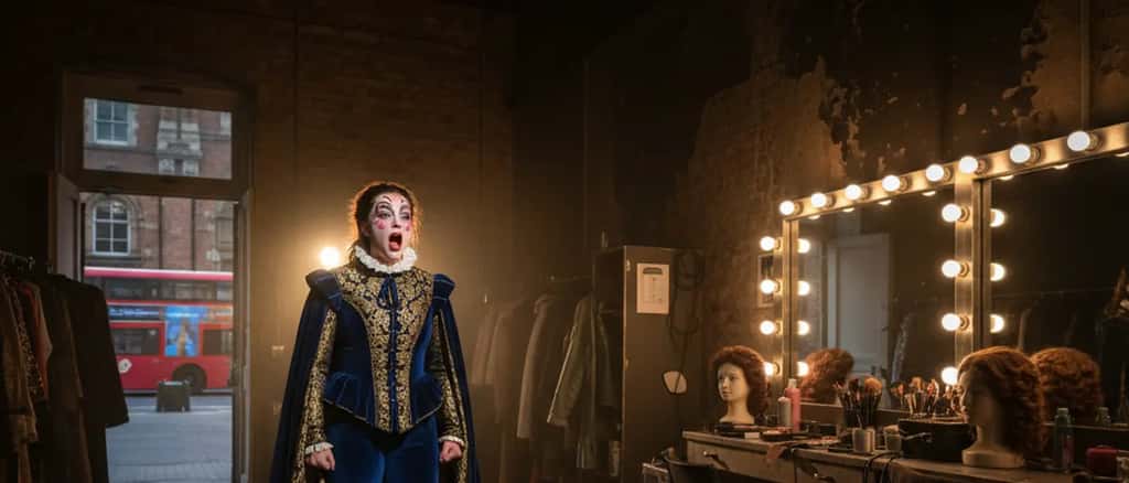 British performer in theatrical stage costume warming up backstage before a musical show with dramatic spotlight in the background