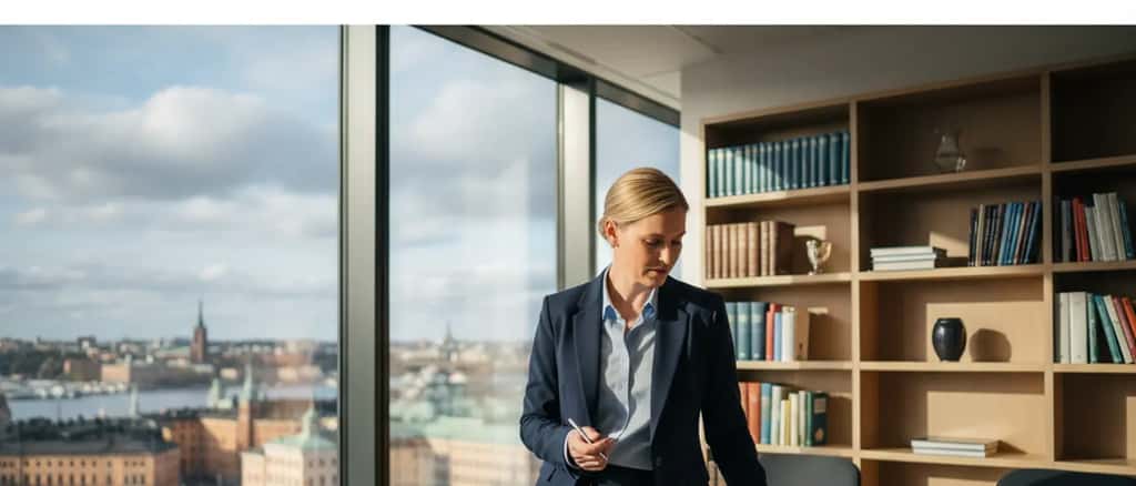 Svensk arbetsrättsadvokat granskar kontrakt i modernt kontor