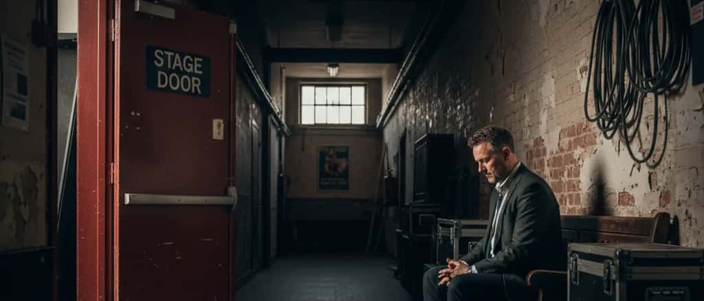 British comedian alone backstage in a theatre corridor before a performance