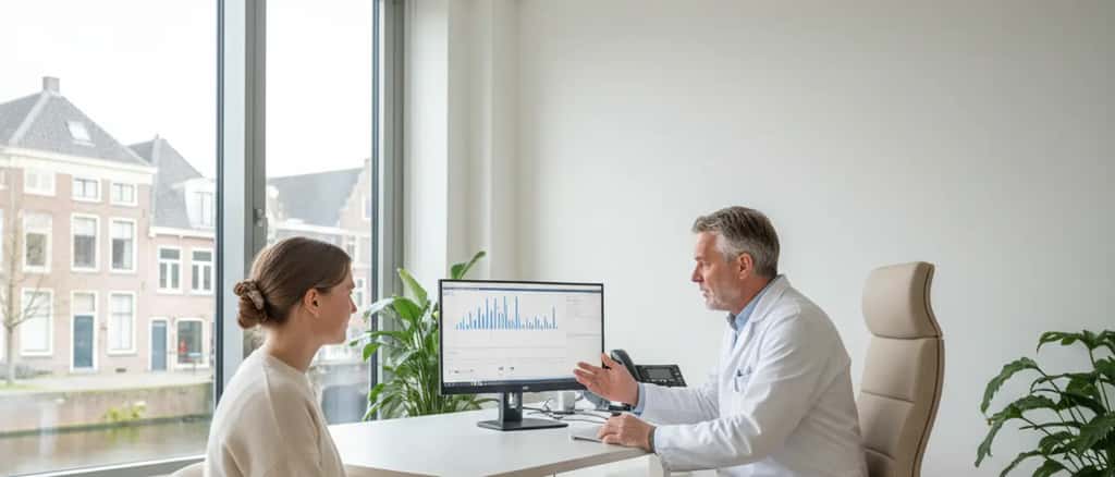 Nederlandse audioloog die gehoortest uitlegt aan patiënt in modern medisch centrum in Amsterdam