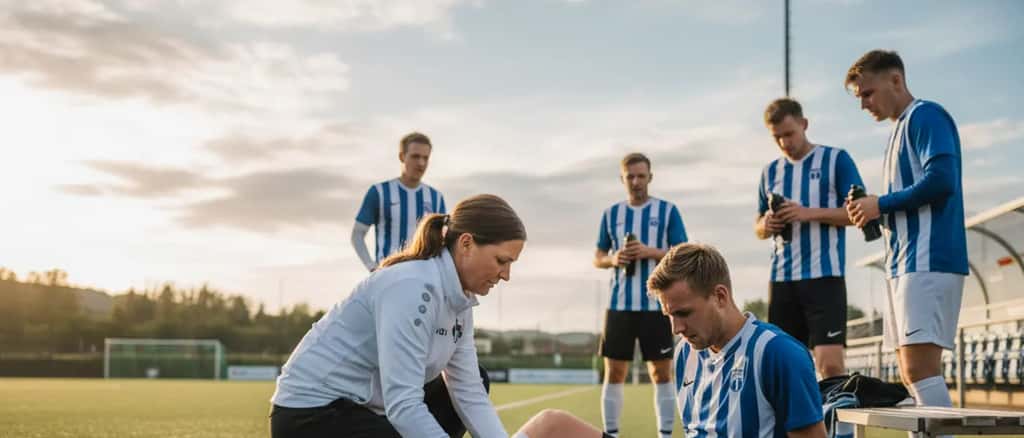 Norsk amatørfotballspiller som får ankelundersøkelse av sportslege ved siden av banen, realistisk øyeblikk