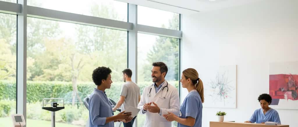 Dansk kvinde sidder på undersøgelsesbord i en moderne lægeklinik med skandinavisk indretning under et sundhedscheck