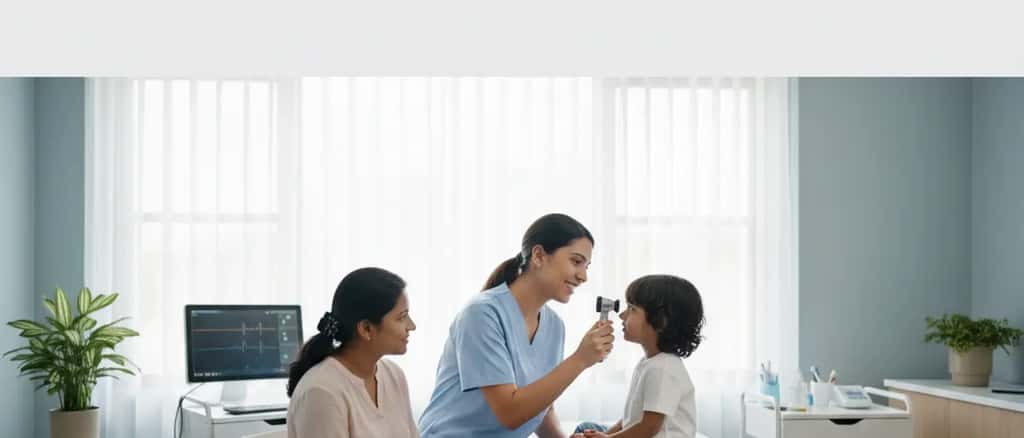 Kinderarts onderzoekt zacht een jong kind in een modern ziekenhuiskamer terwijl een ouder toekijkt