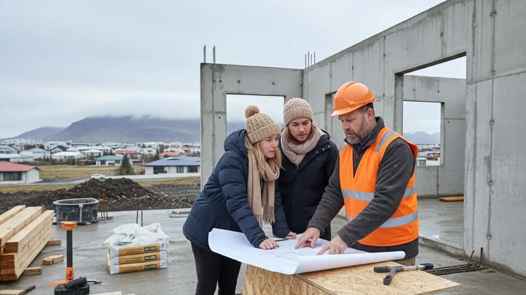 Verktaki á byggingarsvæði í Reykjavík yfirfer teikningar með húseigendum, eldfjallasýn í bakgrunni