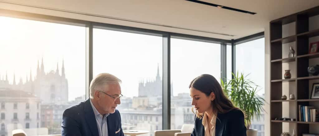 Uomo italiano elegante di 70 anni che consulta un consulente finanziario in un moderno ufficio milanese