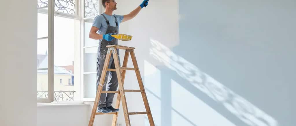 Deutscher Mann auf Leiter beim Streichen mit Schutzausrüstung während der Osterferien