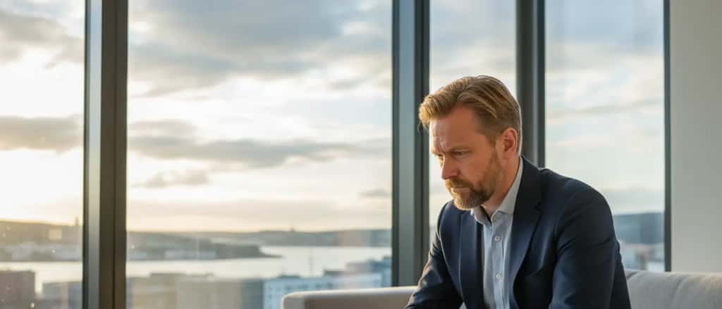 Norsk investor analyserer crowdfunding-muligheter på laptop i hjemmet