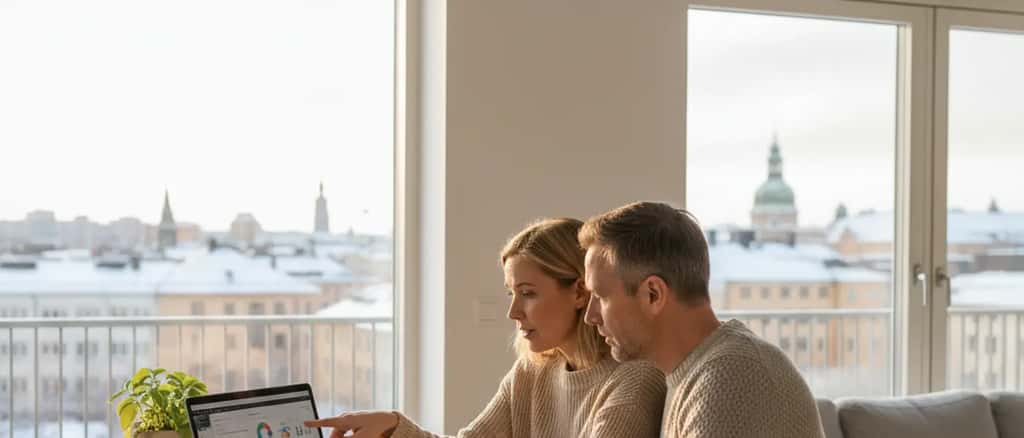 Svenskt par vid köksbordet som granskar bolånedokument och laptop med räntedata