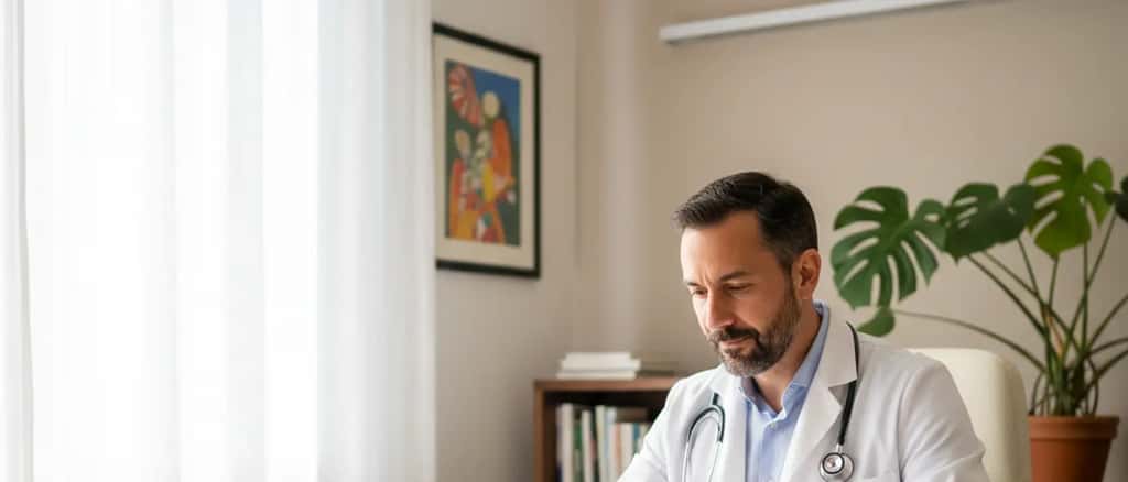 Medico italiano esamina un elettrocardiogramma in uno studio medico luminoso