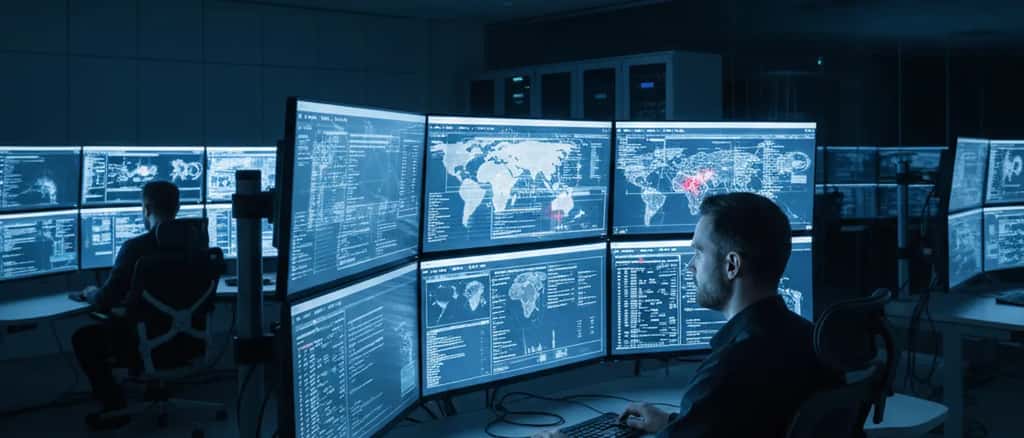 IT security analyst monitoring defence cybersecurity dashboards in a London operations centre