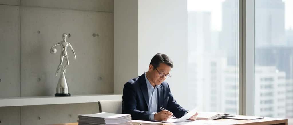 Professioneller Mann überprüft Finanzdokumente am Schreibtisch mit Sporttrophäe im Hintergrund