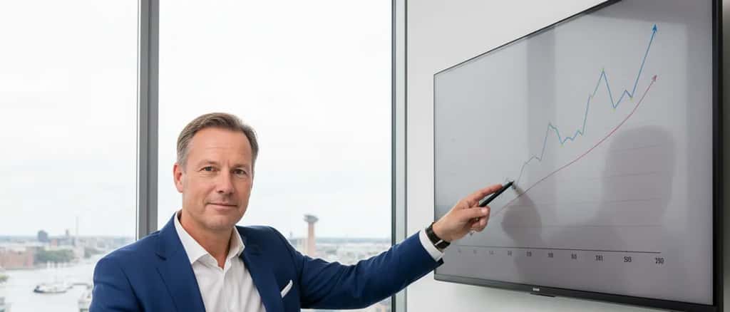 Dansk finansiel rådgiver peger på et porteføljediagram på skærm i moderne Københavns kontor