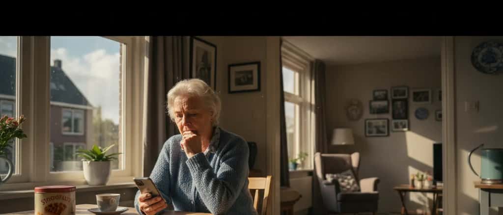 Bezorgde oudere Nederlandse vrouw die telefoneert aan keukentafel thuis