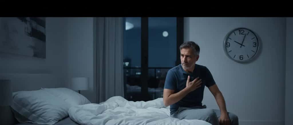 Uomo italiano sveglio di notte che guarda l'orologio con preoccupazione