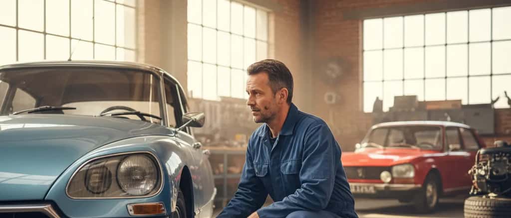 Mécanicien contrôlant la pression des pneus dans un garage