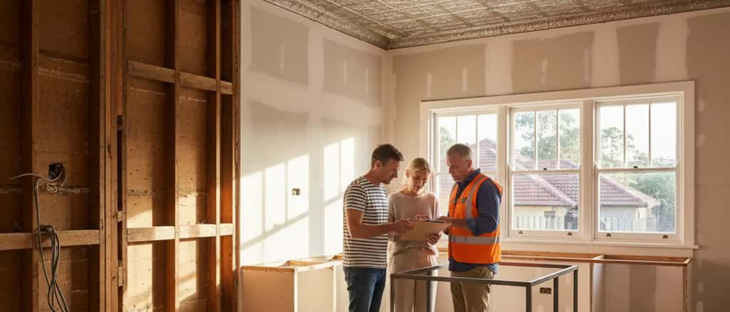 Australian couple reviewing renovation plans with a contractor in a partially renovated weatherboard kitchen