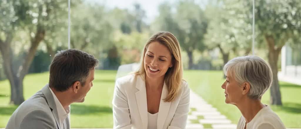 Femme française consultant des informations santé sur son ordinateur dans un salon lumineux avec une tasse de thé